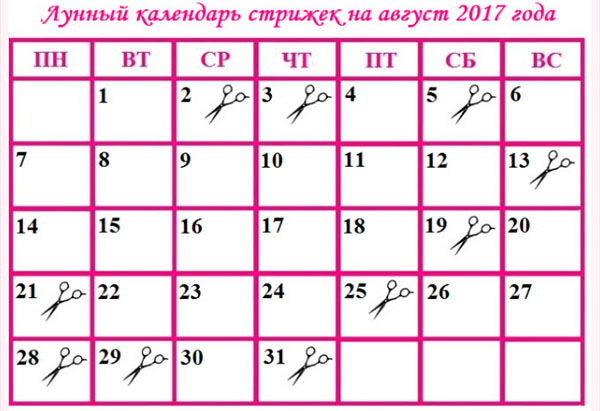 לוח השנה הירחי של התספורות אוגוסט 2017